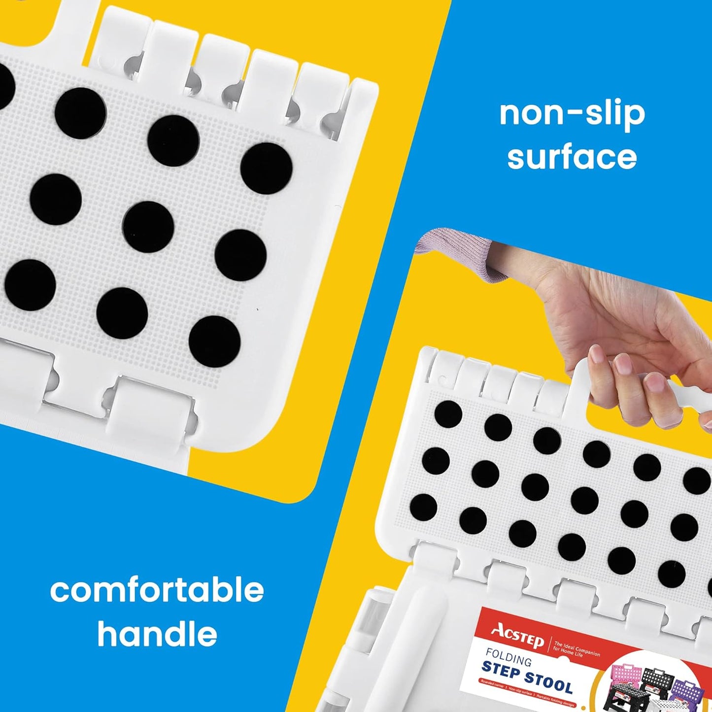 ACSTEP Folding Stool - Portable, Collapsible Plastic Step Stool, 9 Inch, Non Slip, Foldable, for Kitchen, Bathroom, Bedroom (White)