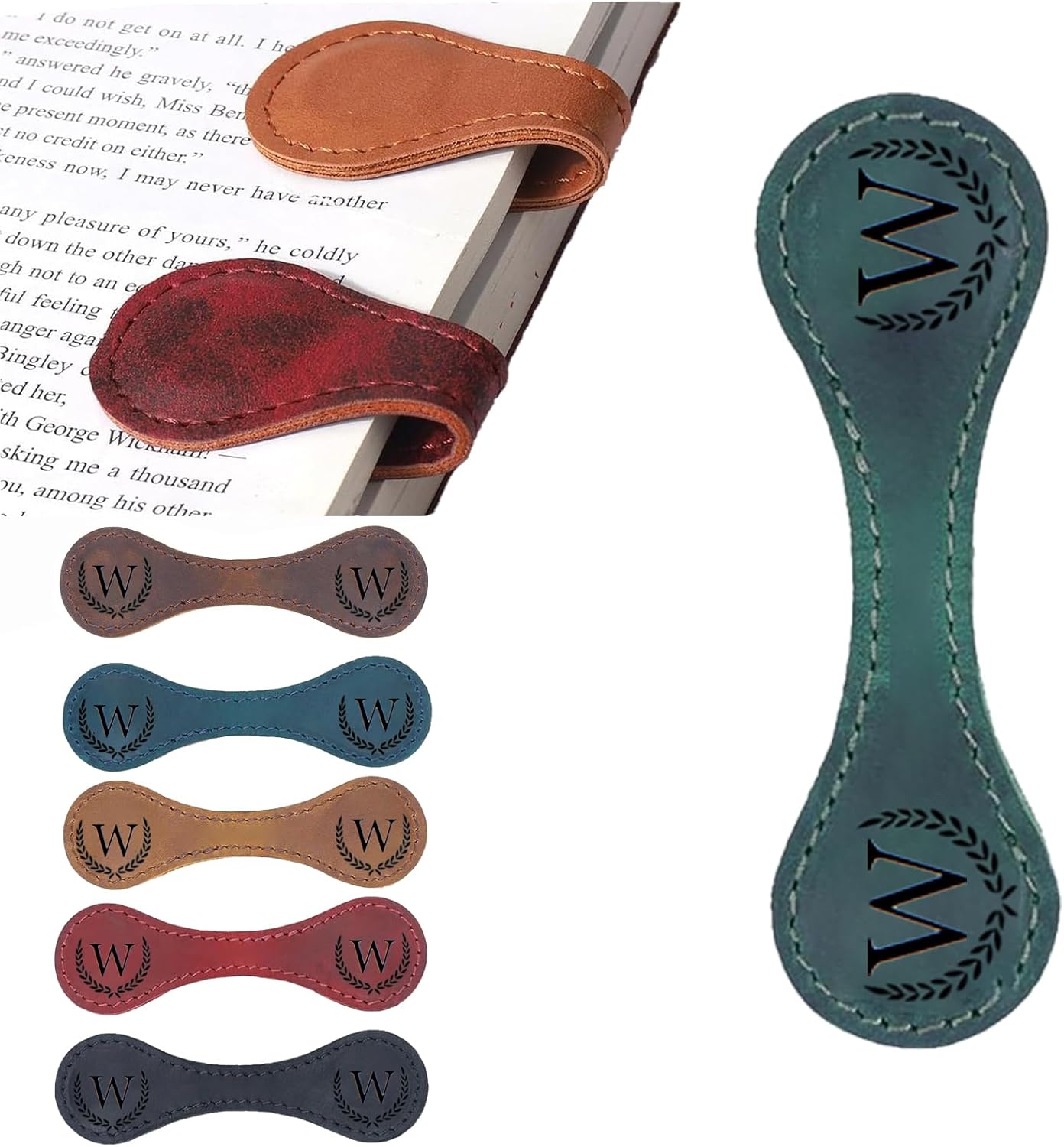 Personalized Magnetic Leather Bookmark, 26 Letters Custom Leather Bookmarks, Handmade, Leather Magnetic Bookmark for Book Lovers Readers Women Kid(Green，W）