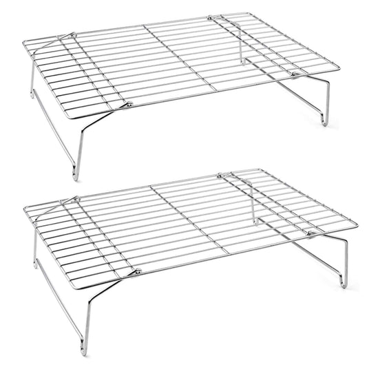 P&P CHEF Cooling Rack Set of 2, 2-Tier Stackable Stainless Steel Wire Racks for Baking Cooking Cooling Roasting, Collapsible & Heavy Duty, Oven Safe & Easy Clean, 15" x 10", Silver