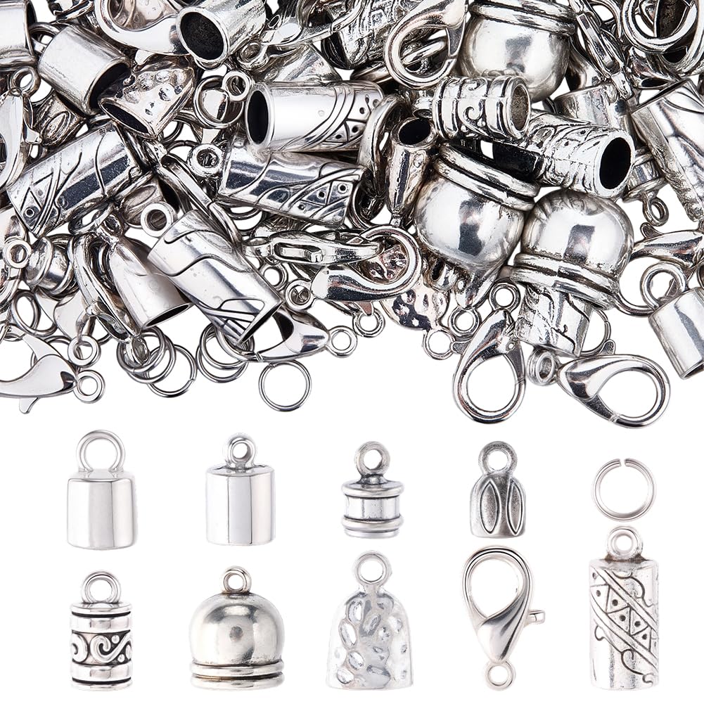 SUNNYCLUE 1 Box 230pcs Tassel Cord End Caps Kumihimo Cord Ends Antique Silver Tibetan Crimp Glue in Barrel Leather Thread End Terminator Tips with Lobster Clasp for Jewelry Making Kits Bracelets DIY