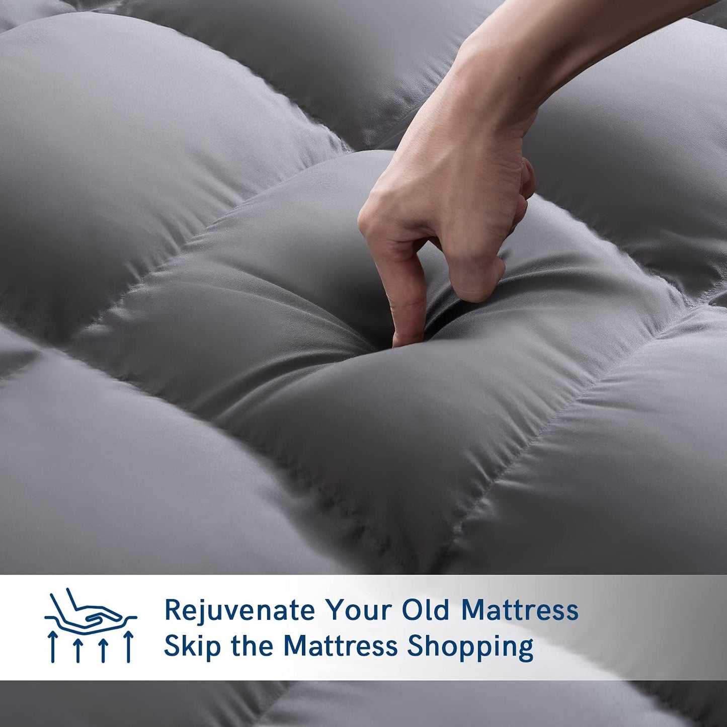 ELEMUSE Twin XL Grey Mattress Topper for College Dorm, Extra Long Twin Mattress Pad Cover for Back Pain, Plush Soft Pillowtop with Elastic Deep Pocket, Overfilled Down Alternative Filling