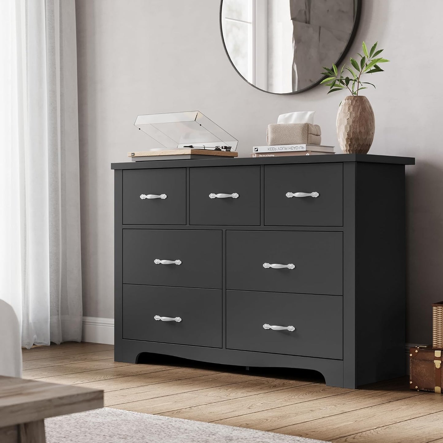LINSY HOME 7 Drawers Dresser for Bedroom, 47" Wide Rustic Wood Dressers & Chests of Drawers, Modern Storage Dresser with Antique Handles for Closet, Living Room, Hallway, Black