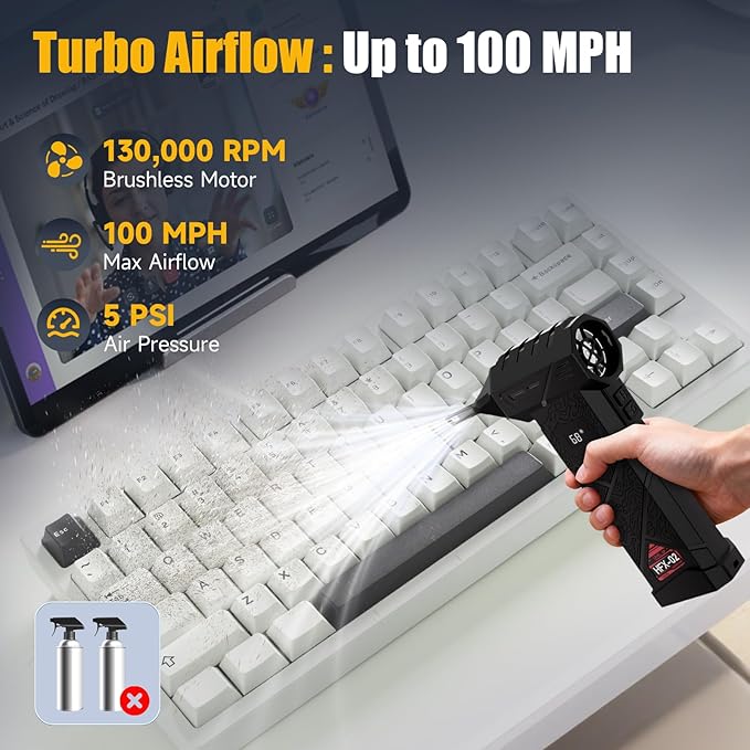 Dual-Battery Compressed Air Duster 130,000RPM, Powerful Electric Air Duster with 100-Speed Stepless Control, PC Dust Cleaning Kit, Mini Cordless Air Blower for Computer, Outdoor, Home and Car