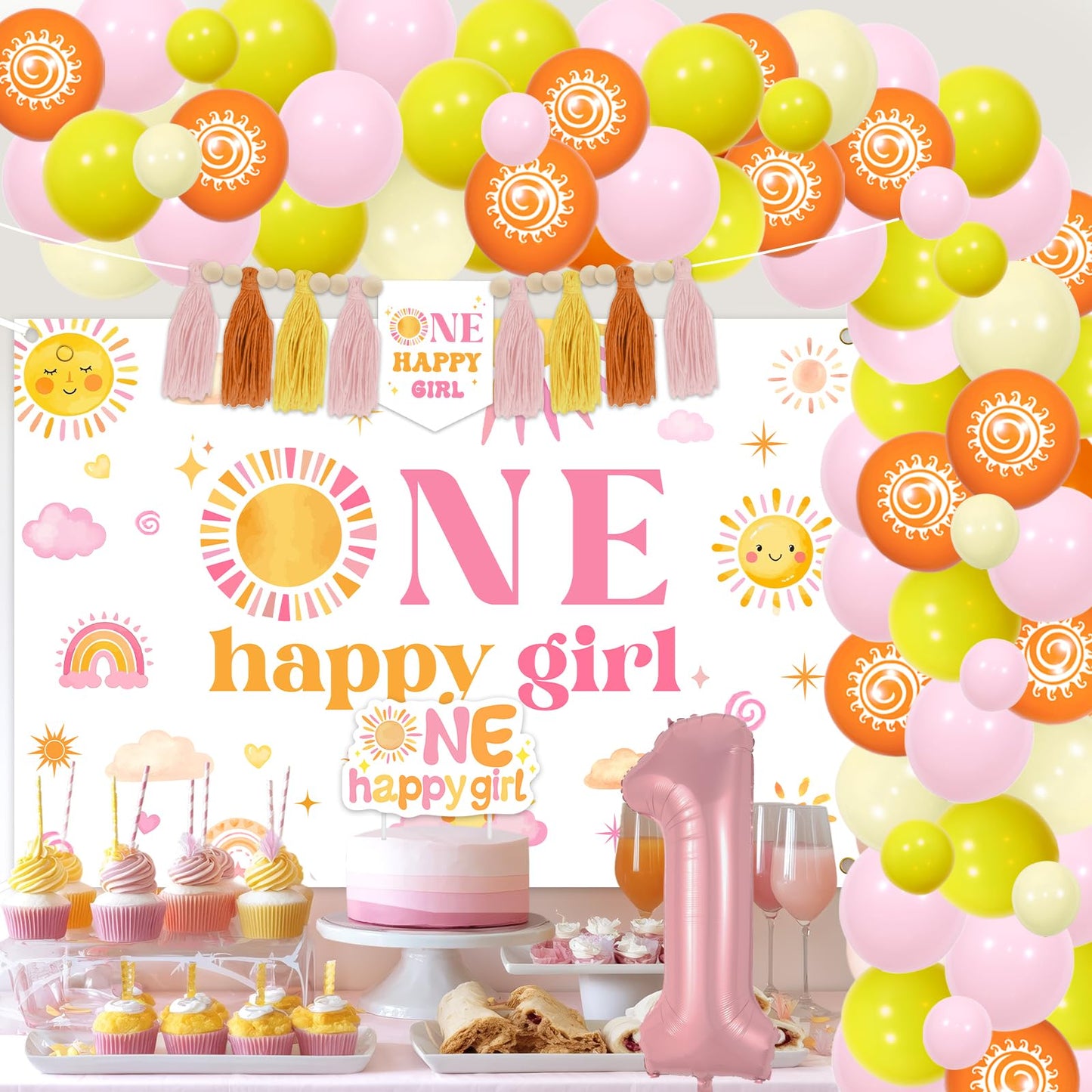One Happy Girl Birthday Decorations Backdrop Sunshine 1st Birthday Highchair Banner Cake Cupcake Toppers Boho Sun Theme Balloon Garland Arch Kit for Girls Groovy Retro First Trip Around the Sun Party