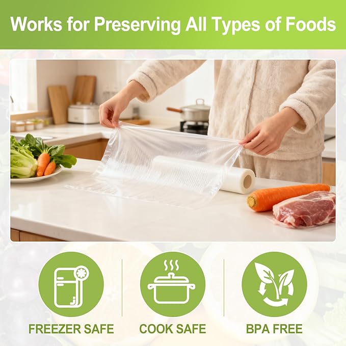 4 Rolls Vacuum Sealer Bags Compatible with Anova & FoodSaver Vacuum Sealer, 11" x 16.4' and 8.3" x 16.4' BPA-Free Heavy-Duty Rolls for Meal Prep, Sous Vide, Freezer Storage, and Food Preservation