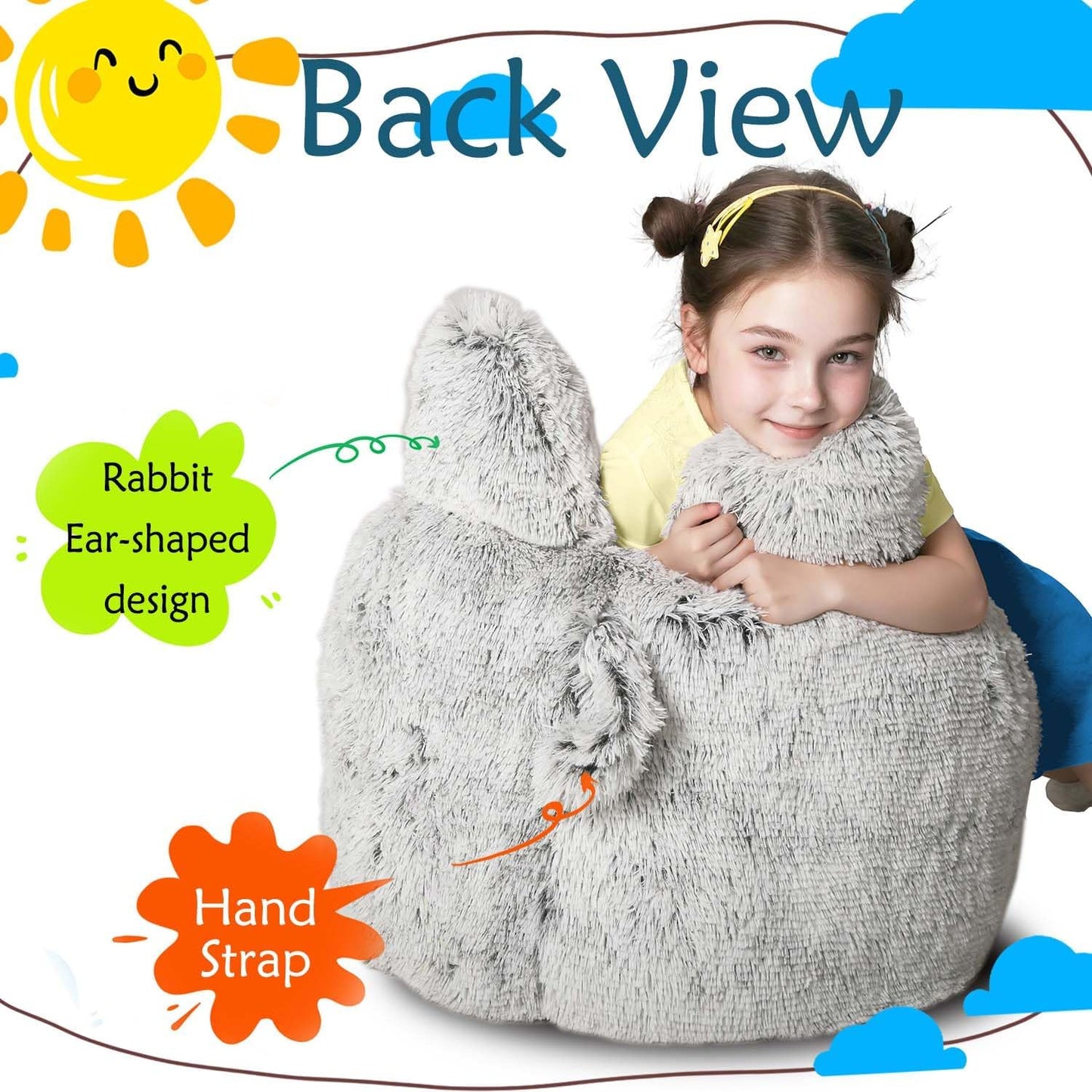 Bean Bag Chair for Kids with Plush Faux Fur Cover, 2.5FT Memory Foam Filled Bean Bag for Teens & Kids, Lazy Sofa for Living Room/Bedroom/Dorm, Rabbit-Ears Design