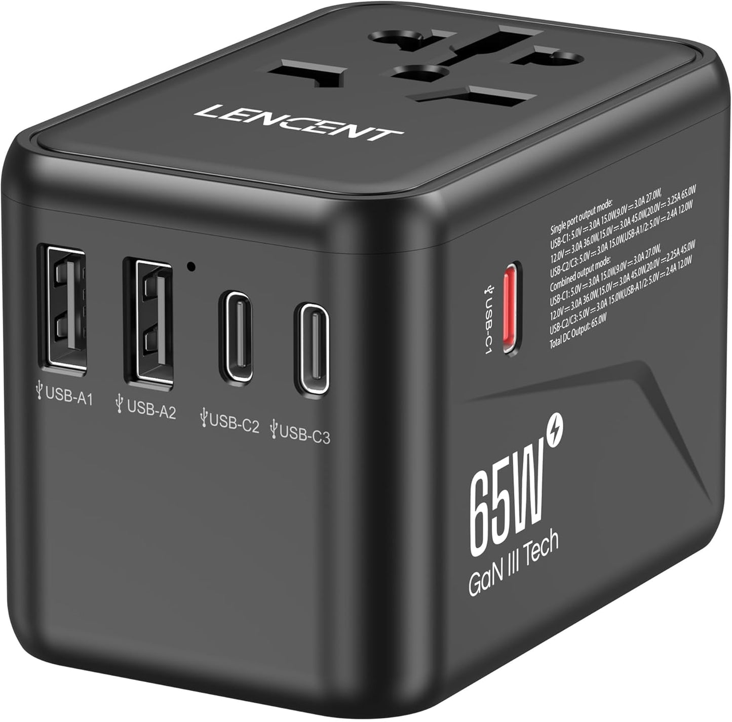 LENCENT Universal Travel Adapter, GaN III 65W International Charger with 2 USB Ports & 3 USB-C PD Fast Charging, All in One Outlet Adaptor for iPhone,Laptops, Type A/C/G/I (USA/UK/EU/AUS)
