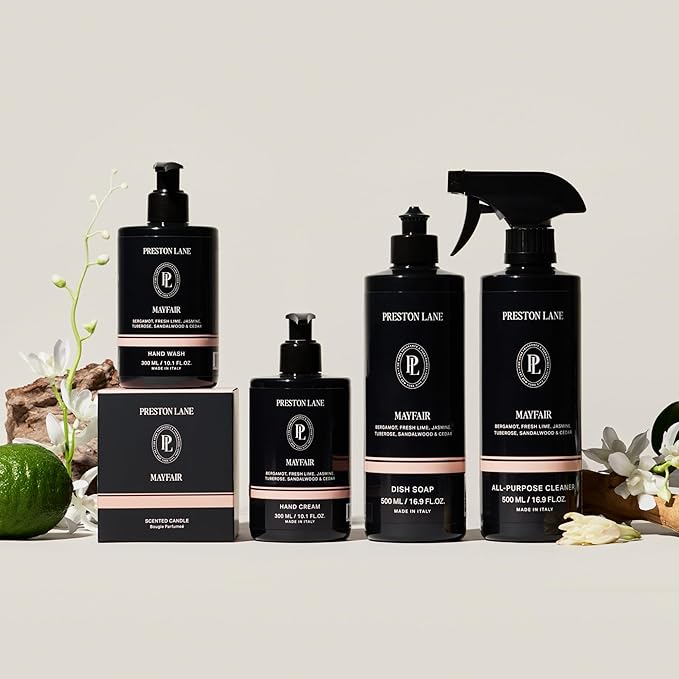 Preston Lane Signature Home Set – All Purpose Cleaner, Dish Soap, Hand Wash, Hand Cream & Scented Candle | Plant-Powered Cleaning & Care Essentials with Fine Italian Fragrance, Mayfair