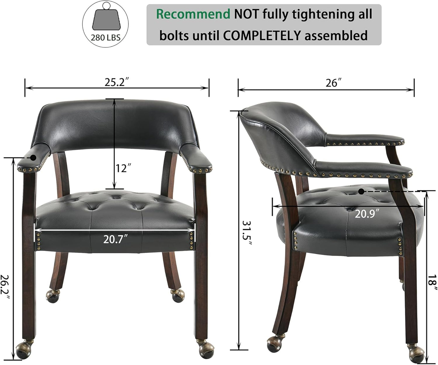 LEEMTORIG Large Dining Chairs with Casters and Arms, Rolling Dining Chairs with Wheels, Accent Game Poker Chairs, Boss Caption's Chairs, 26" D x 25.2" W x 31.5" H, Espresso Legs & Black PU, SY-318-BK