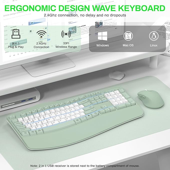 Wireless Keyboard and Mouse Combo,2.4G Full Size Wave Keys Ergonomic Keyboard with Wrist Rest for Natural Typing, 3 DPI Adjustable Ergonomic Mouse for Computer/Laptop/Windows/Mac (Avocado Green-B)