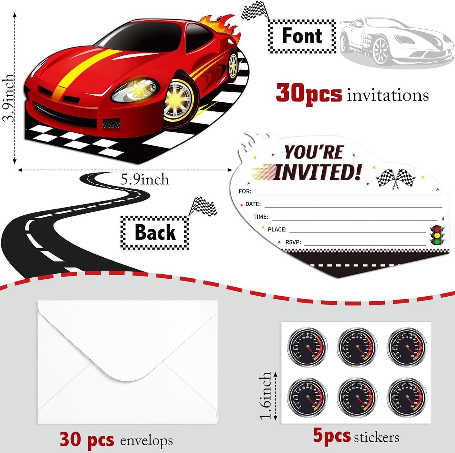 30 Sets Birthday Invitations with Envelopes Stickers Themed Invitations for Girl Boy Birthday Party Supplies Decoration (Race Car)