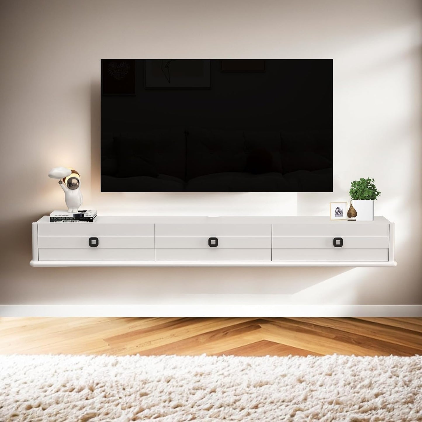 Pmnianhua High Gross Floating TV Stand,74″ Solid Wood Wall Mounted TV Console,Floating Entertainment Center with Door and 2 Drawers,Under TV Shelf for TVs up to 85''(White)