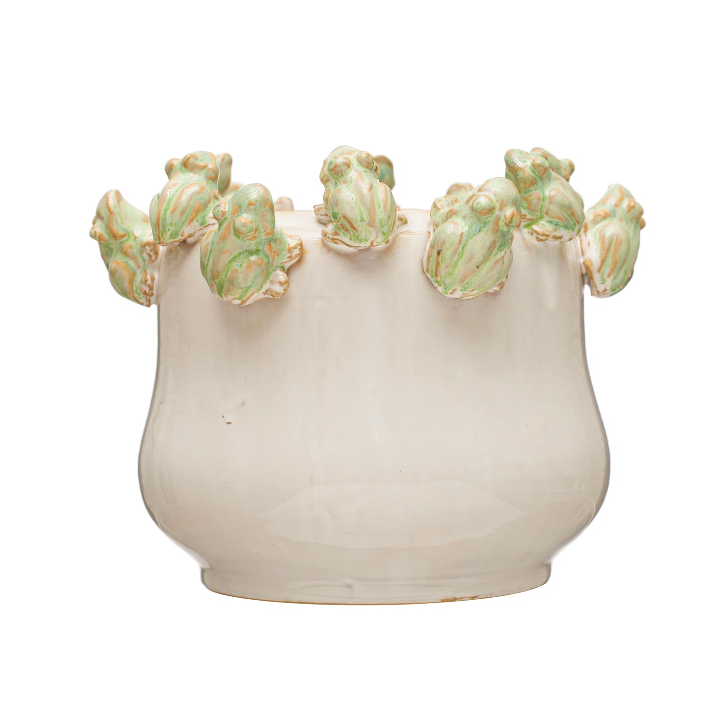 Creative Co-Op Stoneware Planter with Frogs on Rim and Reactive Glaze, Green and White