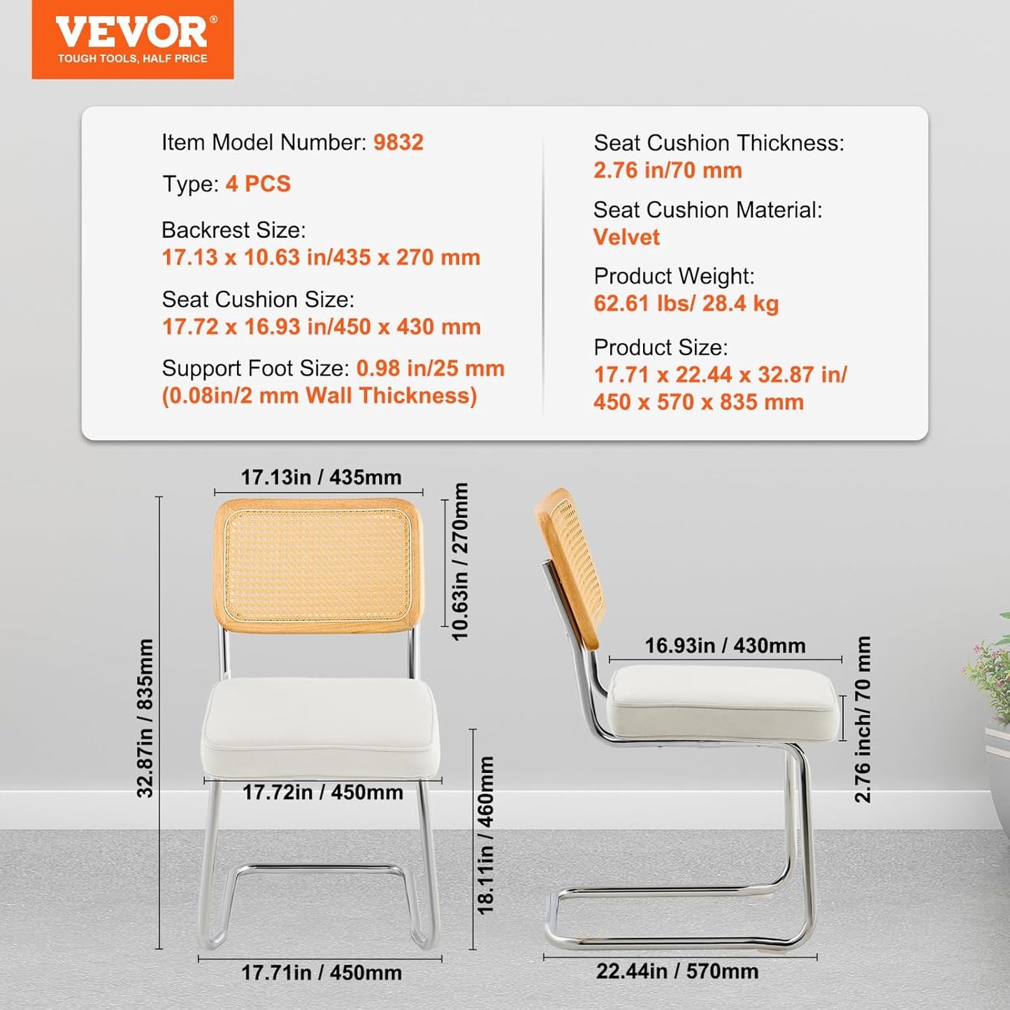 VEVOR Rattan Dining Chairs Set of 4, Mid Century Modern Dining Chair, Upholstered Velvet Accent Chair with Rattan Back, Retro Dining Room Kitchen Chair for Living Room, Bedroom(18.1 Inch)