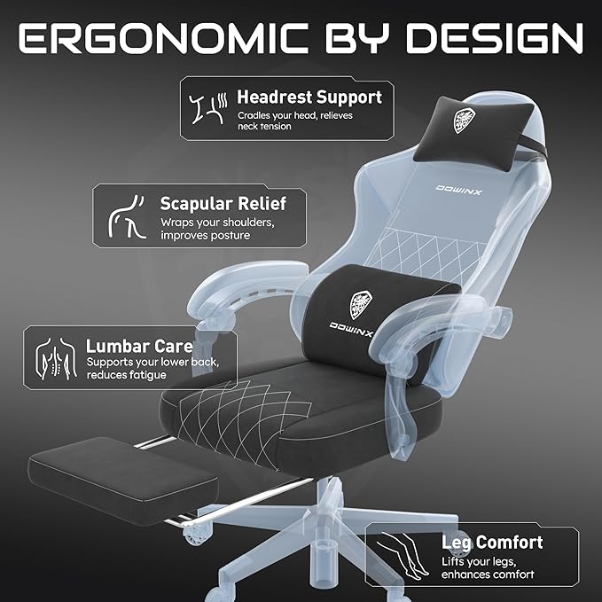 Dowinx Gaming Chair, Fabric Gaming Chairs for Adults with Pocket Spring Cushions and Lumbar Support, Ergonomic Massage Office Chair High Back with Footrest and Linkage Armrests, Black