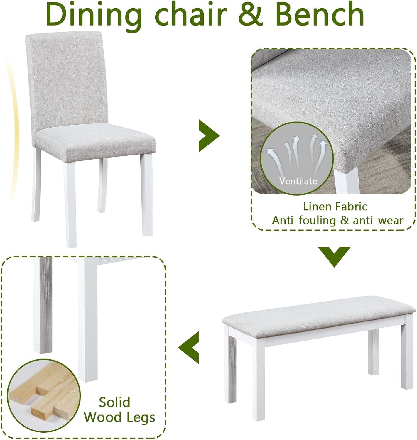 KEIKI 6-Piece Standard Height Dining Table Set with Rectangular Table, 4 Upholstered Chair, Bench, for 6 Person, Modern Crystal Decoration Table Set, Easy Assembly, for Kitchen, Dining Room, White