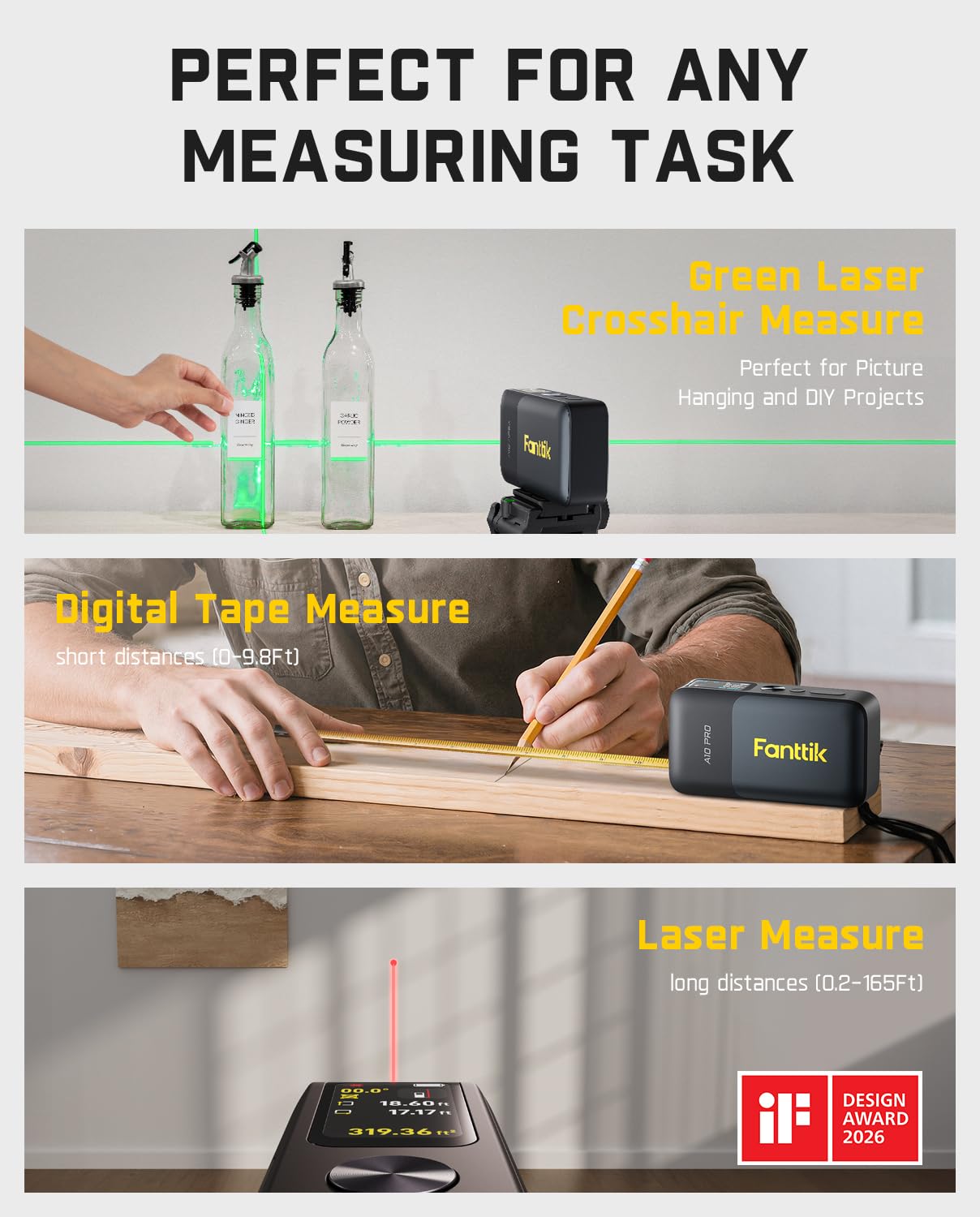 Fanttik A10 Apex 3-in-1 Digital Laser Tape Measure with HD Color Display, 165Ft Rechargeable Laser Measurement & 32Ft Green Cross Line Laser & 9.8Ft Tape, 6 Units, for Distance/Area/Volume/Leveling