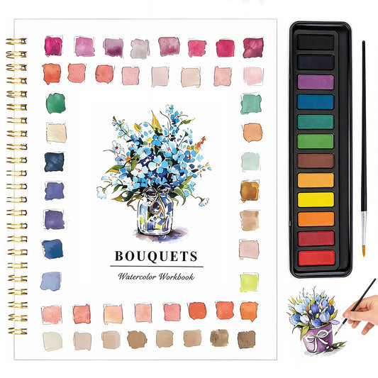 Watercolor Workbook for Beginners - Complete Watercolor Painting Kit with 12 Color Paint Set & Brush | Step-by-Step Art Book for Adults, Hobby Gift for Friends