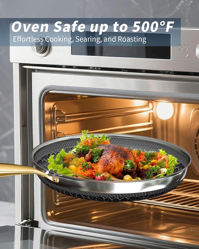FogDream 5 Pcs Stainless Steel Cookware Set, 9.5in Non Stick Frying Pan, 5-Quart Soup Pot & 2.3-Quart Sauce Pan with 2 Lids, Stay-Cool Handles, Dishwasher & Oven-Safe, Induction Compatible, Gold