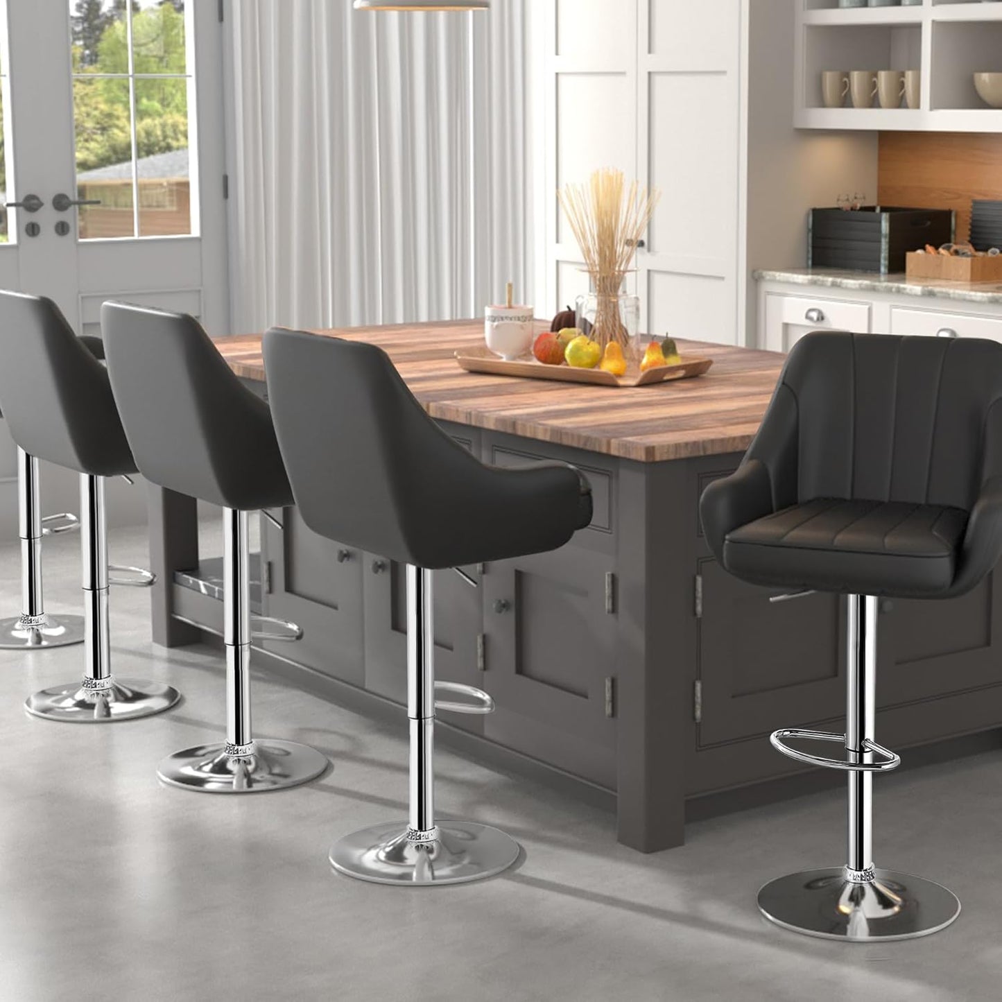 VECELO Bar Stools Set of 2, Adjustable Barstools, Counter Height Stools with Back and Arm, Kitchen Island Stools, Swivel PU Chairs for Pub, Dining Room, Modern Style, Black