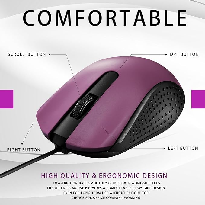 Bonuci 30 Pack USB Wired Mouse 3 Button Corded Computer Mice Bulk USB Mouse for PC Desktop, Laptop, Office, School, Classroom Use(Purple)