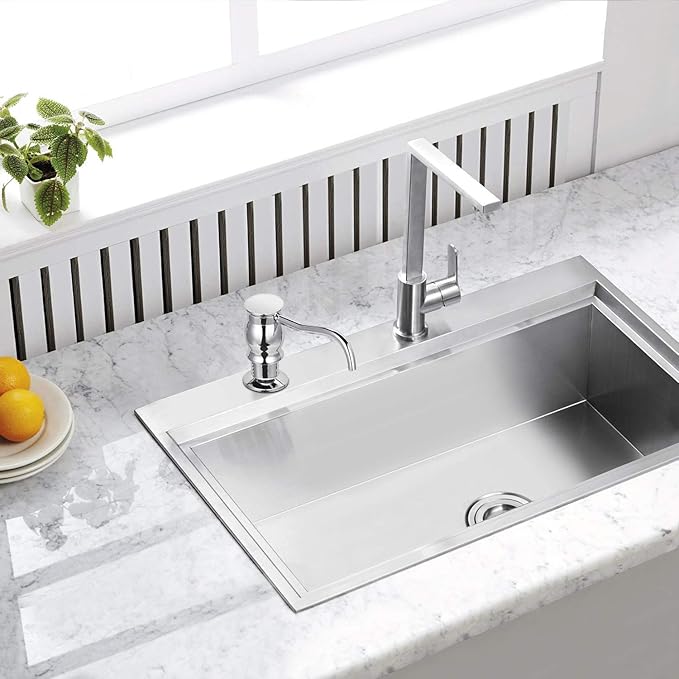 Samodra Kitchen Sink Soap/Lotion Dispenser, Brass Pump Head Chrome Finish 12 OZ Bottle Built in Design Refill from The Top for Granite Thick Deck Installs