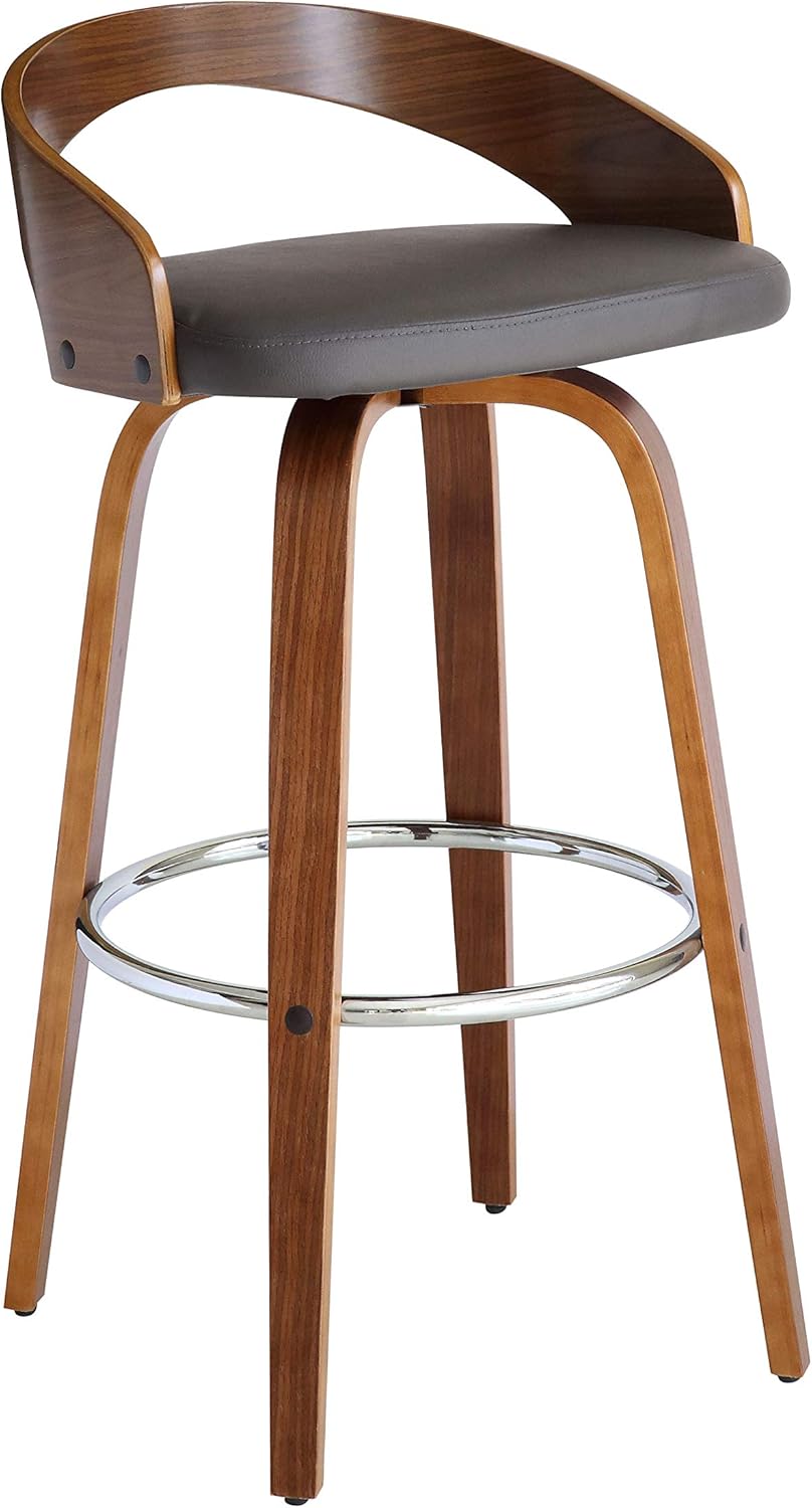 Armen Living Sonia 30" Bar Height Swivel Gray Faux Leather and Walnut Wood Bar Stool - Set of 4