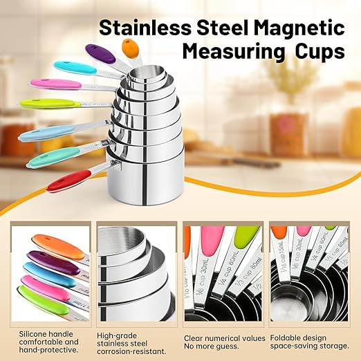 Measuring Cups 17-Piece Measuring Set with Cups and Spoons, Stainless Steel, Includes Magnetic Conversion Chart and Leveler