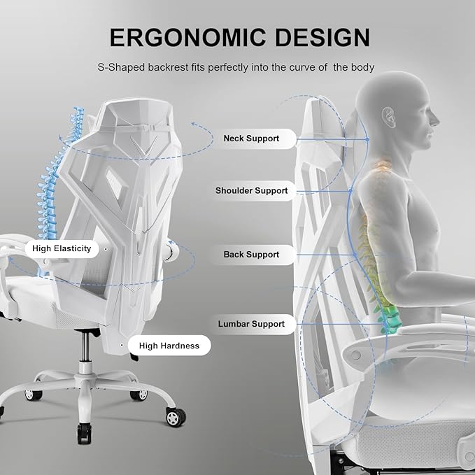 GTRACING Gaming Chair, Computer Chair with Mesh Back, Ergonomic Game Chair with Footrest, Reclining Game Chair with Adjustable Headrest and Lumbar Support for Gaming and Office (White)