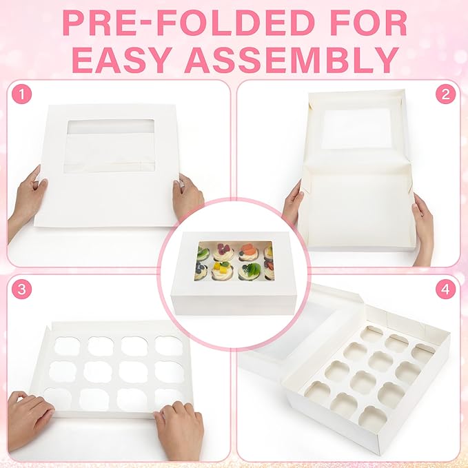 LotFancy Cupcake Boxes 12 Count, 8 Pack, Pre-Folded Cupcake Carrier with Window Holding 96 Cupcakes, Food Grade Cupcake Holders, Disposable Pastry Boxes for Birthday Holiday Party, White