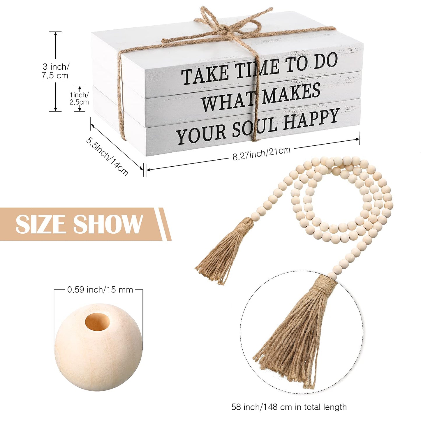 Jetec Decorative Display Books Hardcover, Faux Farmhouse Stacked for Coffee Tables Shelves with Wood Bead Tassels 58 Inch, 3 Pieces, White(Take Time to do, What Makes, Your Soul Happy)