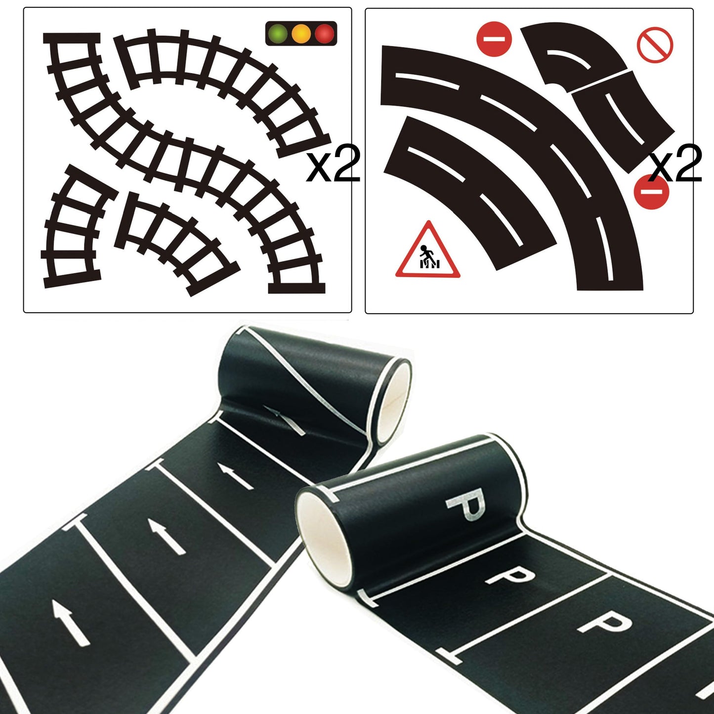 MAGLITT Road Tapes & Curves Stickers Set 8 Rolls Black Highway Tapes Traffic Decorative Masking Tape for Toy Cars, Vehicles Kits, Kids Party Gift