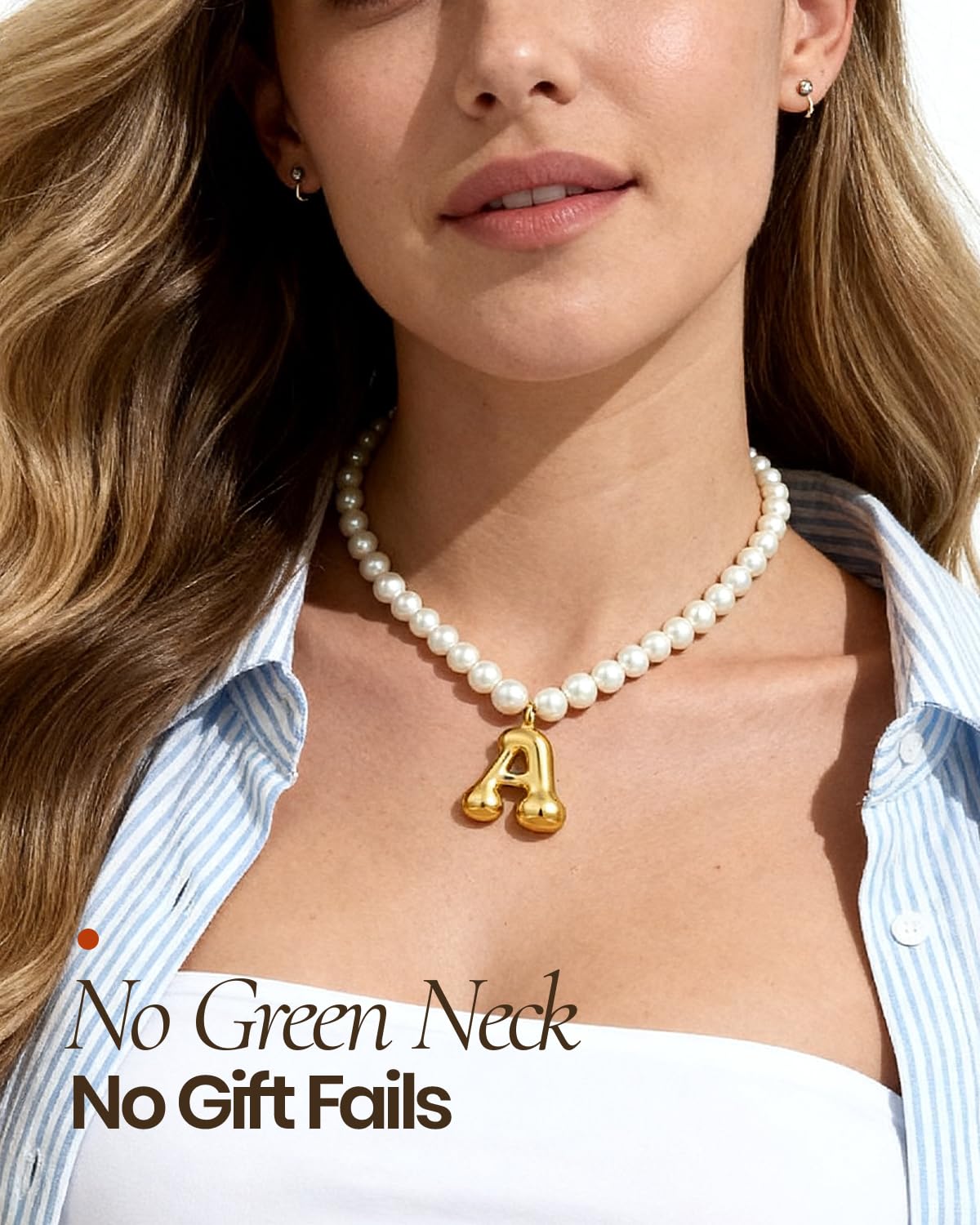DoDoBeads Pearl Initial Necklace, 18K Gold Plated Stainless Steel Balloon Letter Pendant O, Non-Tarnish Waterproof Chunky Monogram Jewelry Gifts for Women Teens