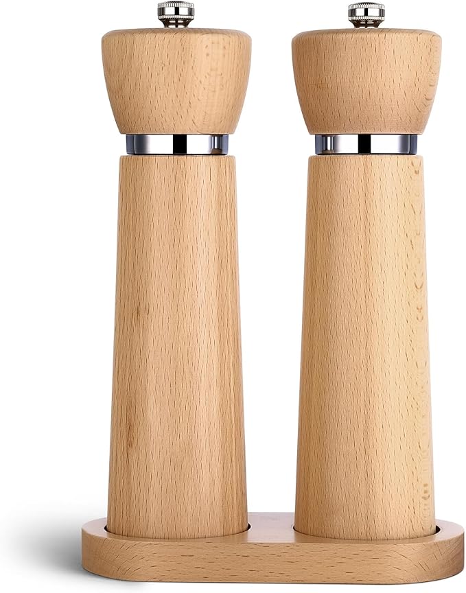 Wooden Salt and Pepper Grinder Set – Refillable Salt and Pepper Mill with Adjustable Upgraded Large Size Ceramic Burr – Manual Pepper Grinder with Beech Wood Body – 8.3” Tall