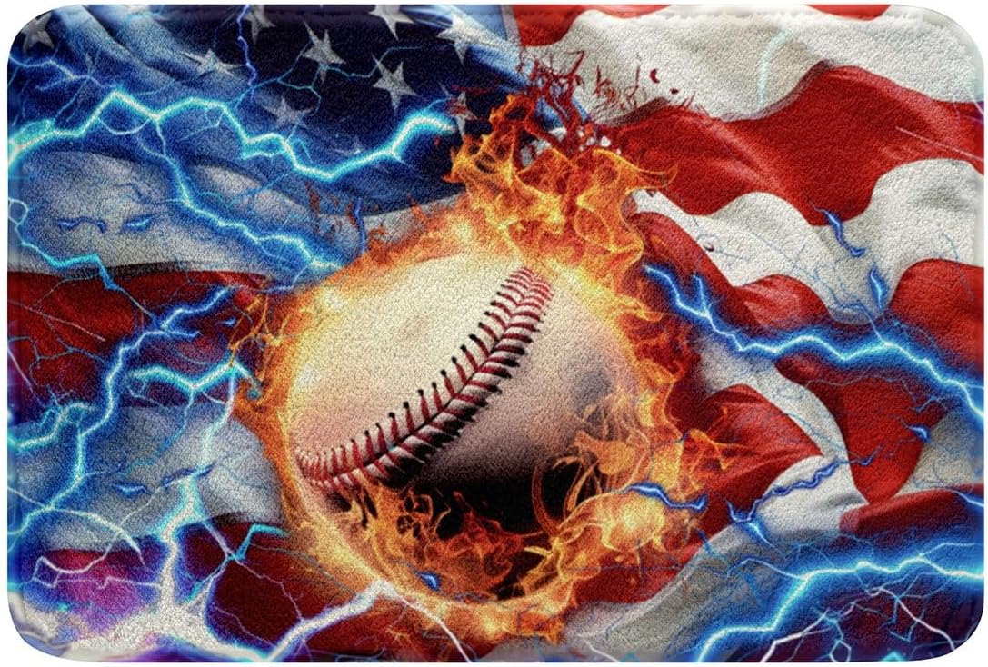 Feelyou 3D Baseball Soft Fleece Door Carpet American Flag Polyester Bath Rug for Kids Boys Girls Fire Ball Sports Non Slip Bath Mat Retro USA Flag Bathroom Floor Indoor Doormat,16x24 Inch