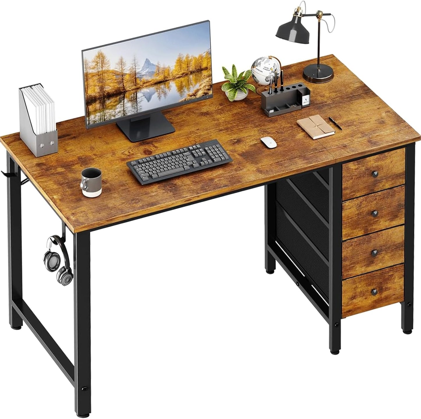 Lufeiya 47 inch Computer Desk with 4 Fabric Drawers, Reversible Writing Work Study Desk for Home Office Bedroom, Modern Simple Student PC Desks, Rustic Brown