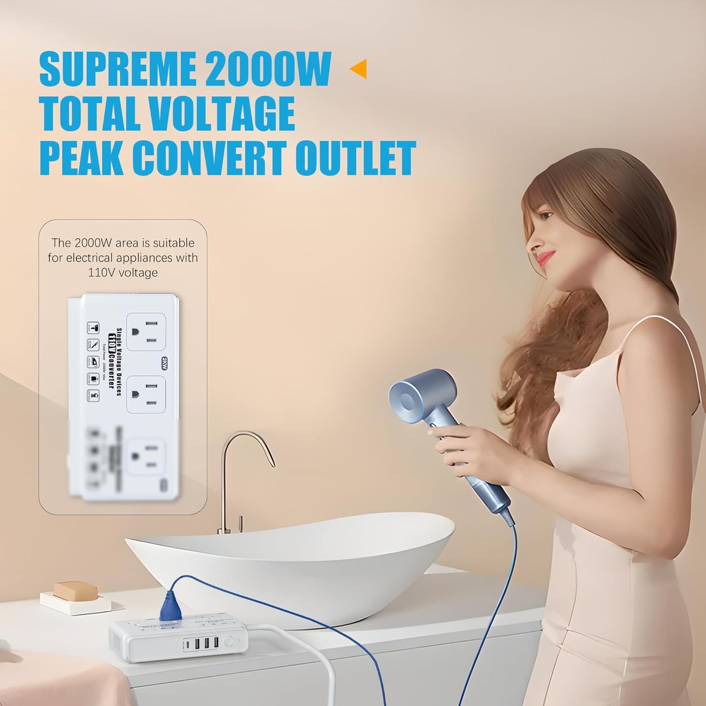 220v to 110v Voltage Converter Adapter: International US to Europe Travel Power Strip Plug Transformer - 2000W Electric Hair Dryer Step Down Outlet Converters for US European UK EU Italy