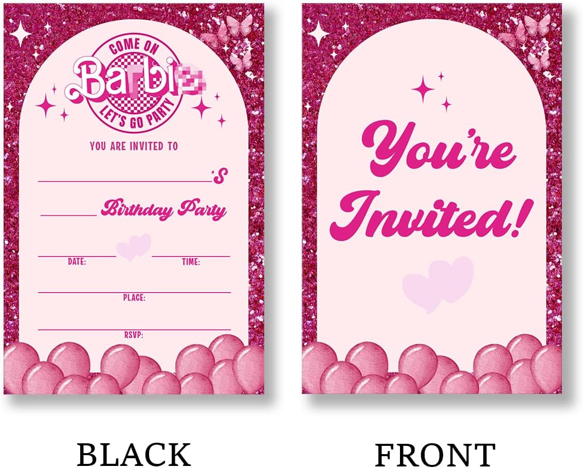 Pink Doll Birthday Party Invitations Supplies with Envelopes Set of 20 Girl Birthday Invites Fill in Blank, Double Sided