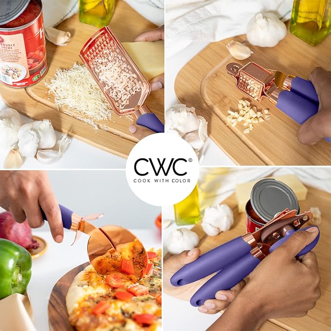 COOK WITH COLOR Kitchen Gadget Set Copper Plated Stainless Steel Utensils with Soft Touch Handles, Copper Lavender, 7 Pieces