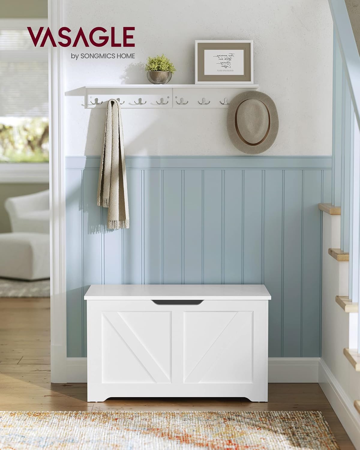 VASAGLE Storage Chest, Storage Trunk with 2 Safety Hinges, Storage Bench, Shoe Bench, Farmhouse Style, 15.7 x 31.5 x 18.1 Inches, for Entryway, Bedroom, Living Room, Cloud White ULSB062T14