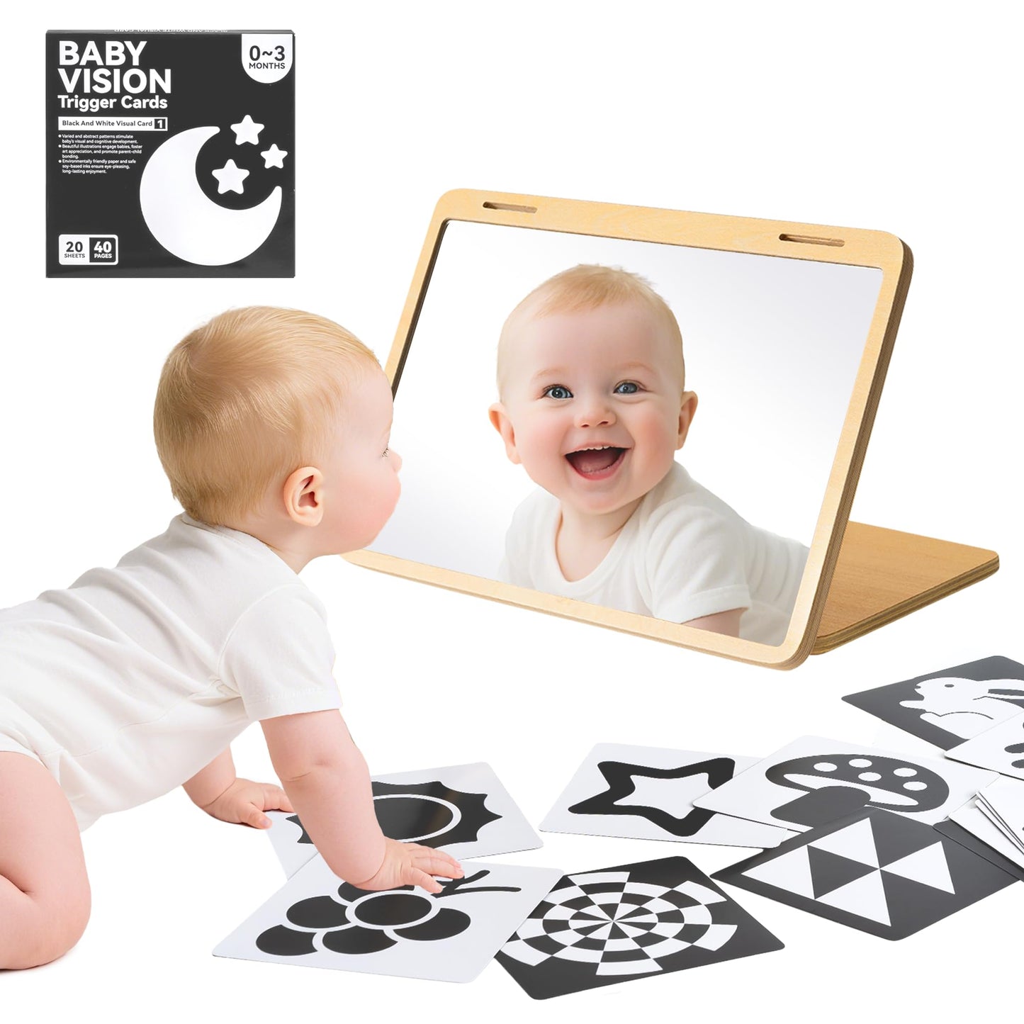 Brezlio Tummy Time Mirror for Baby Montessori Baby Floor Mirror with High Contrast Black and White Cards Infant Safe Mirror Toy for Newborn