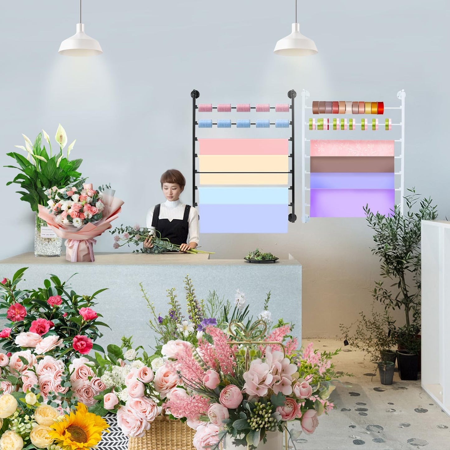 Ribbon Organizer, 7 Tier Wall Mounted Metal Holder ,Holiday/Birthday Gift Wrapping Organizer Storage Ribbon Storage Rack for Craft Cake Shop Flower Store,Tie Scarf Rack Belt Towel Holder(White)