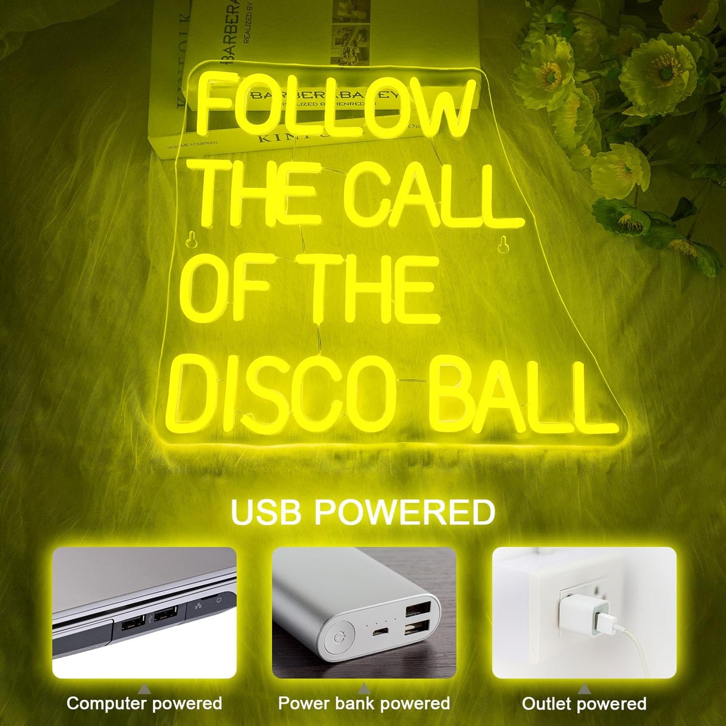 NOSUN Follow The Call of The Disco Ball Neon Sign,Neon Signs for Wall Decor Yellow Neon Sign,Dimmable Disco Neon Lights for Disco Party Decor Neon Signs Letter Led Lights for Dancing Club Wall Decor
