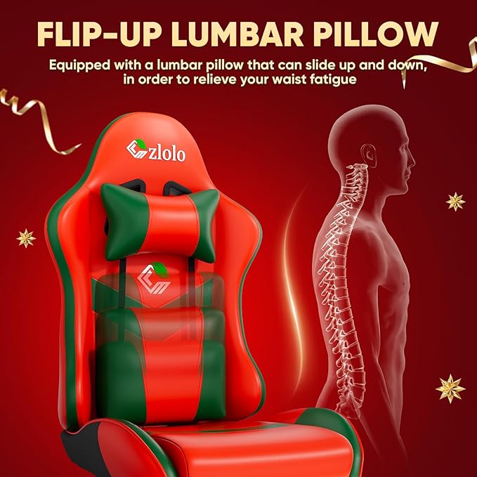 Gaming Chair, Lumbar Support Massage Computer Chair, High Back Gamer Chair, with Footrest and Headrest, Lumbar Pillow, Recline, Wide Seat, Gaming Chairs for Christmas/Birthday Gifts, Red