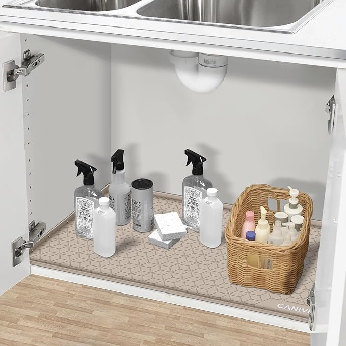 Under Sink Mat, 34" x 19" Waterproof Silicone Under Sink Tray for Kitchen & Laundry Cabinets, Kitchen Cabinet Shelf Protector, Up to 3.3 Gallons Liquid, Fits 36 inch Standard Cabinet Apricot