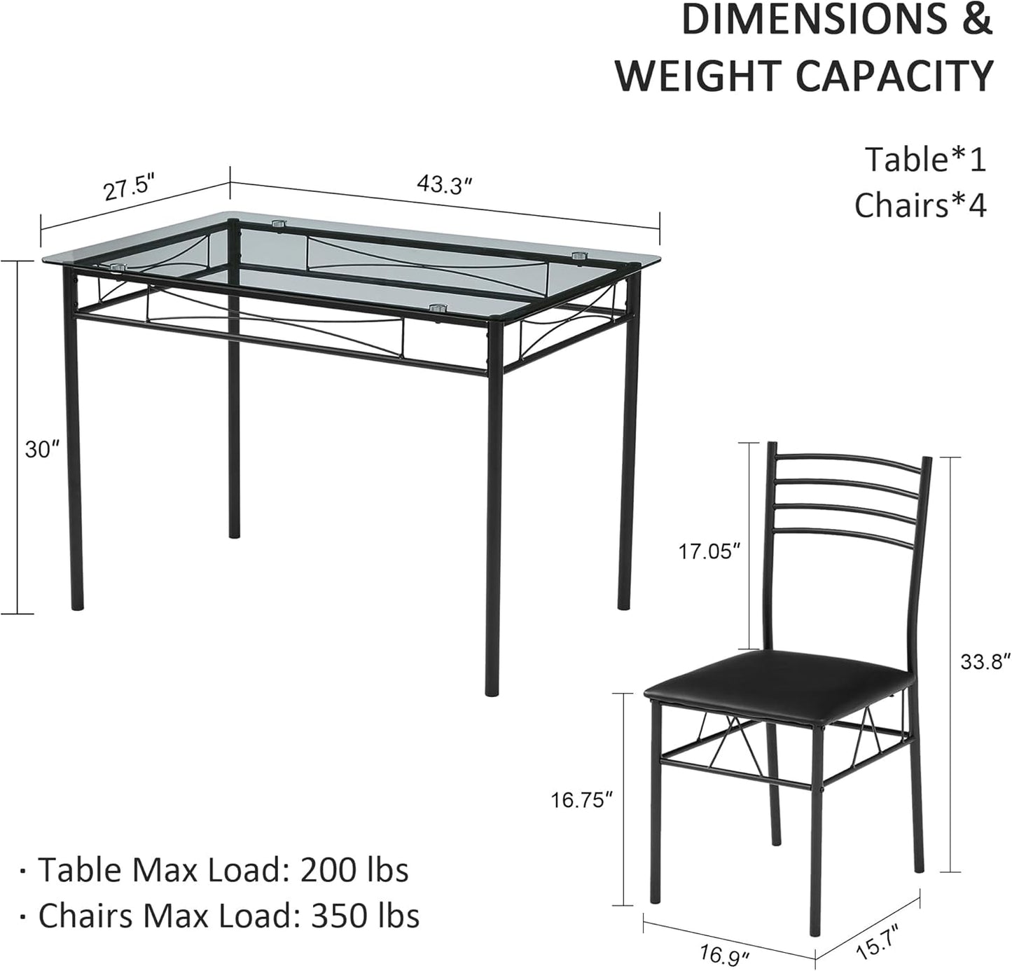 VECELO Kitchen Dining Table and Chairs Set for 4, PU Padded Seat & Glasses Tabletop, Space Saving, Matte Black