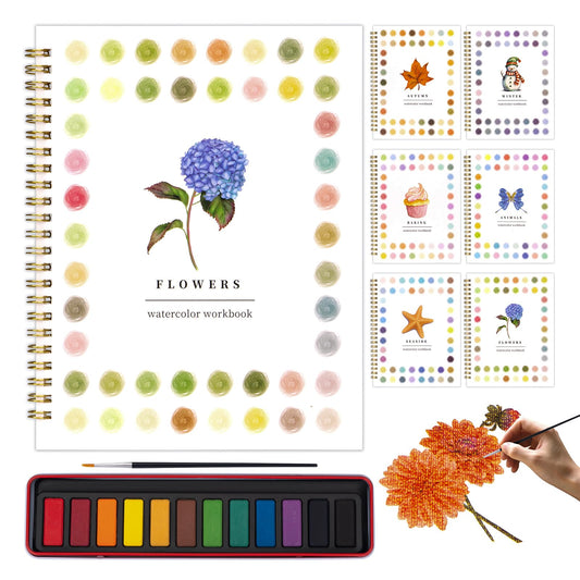 Metyond Beginner Watercolor Workbook Kit - Watercolor Painting Kit with 1 Workbook 12 Colors Paint Set with Brush, Beginner Friendly Watercolor Paint Set Gift for Adults Teens (Flowers)