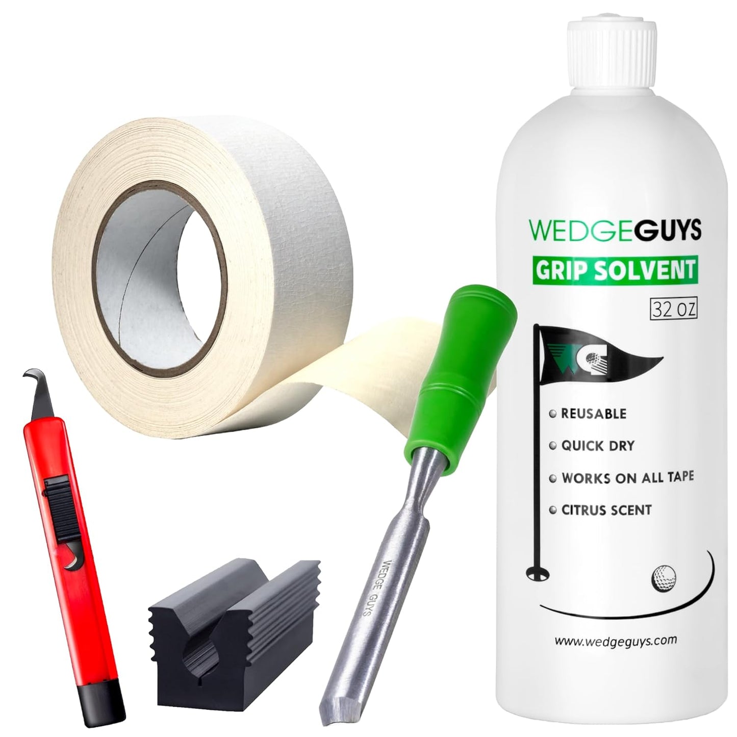 Wedge Guys Golf Grip Tape Roll Kit | 2x18 Yard Tape Roll, 32 Ounce Grip Solvent, Hook Blade, Grip Tape Remover, and Bench Vise Clamp |