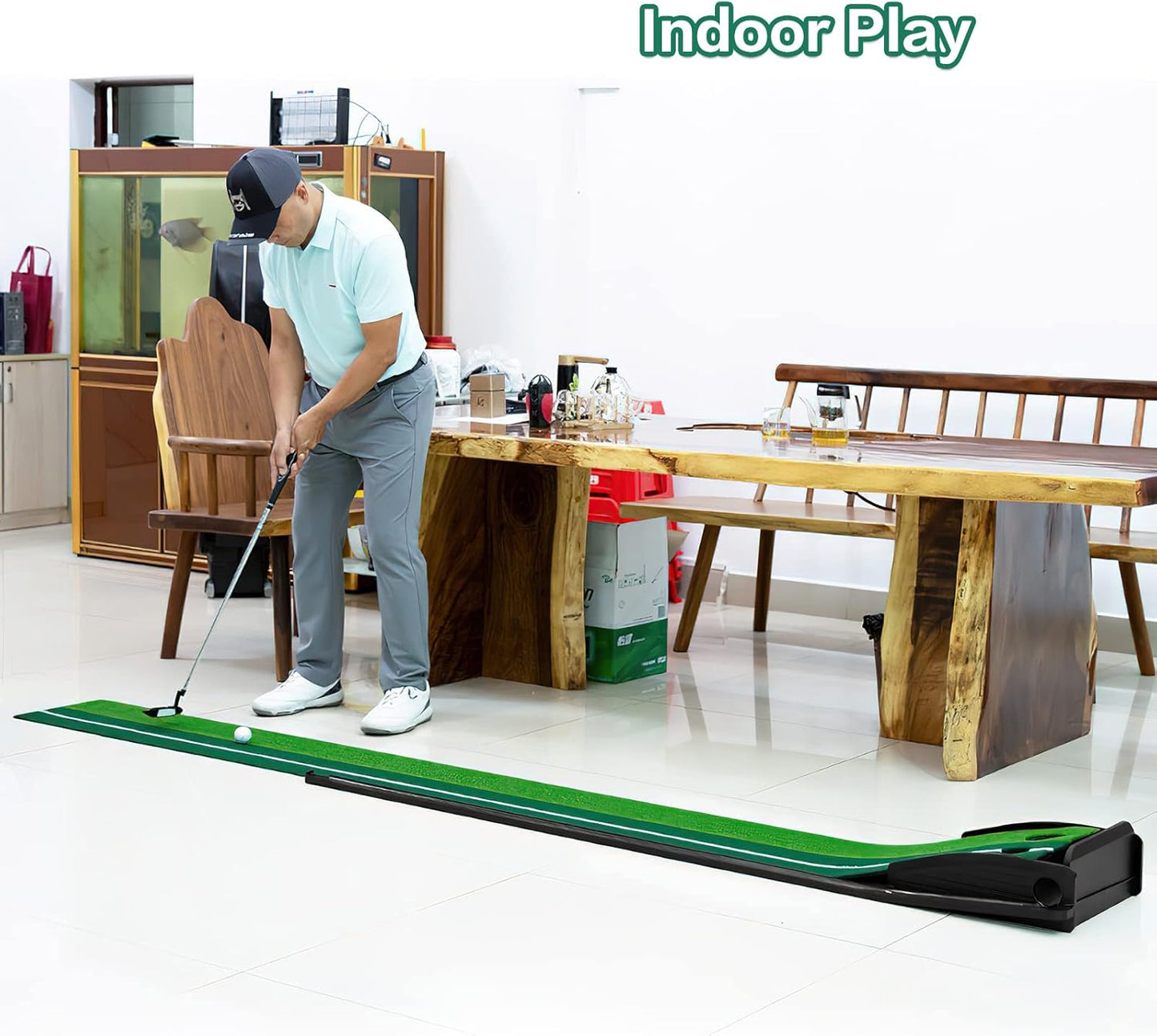 Dollox Putting Green Golf Putting Mat for Indoor, Putting Matt with Auto Ball Return, Mini Golf Set Golf Accessories for Men, Indoors Golf Matt for Home Office, Gifts for Golfer