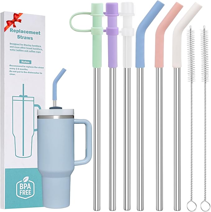 6pc Stainless Steel Straws Reusable for Stanley Tumbler 40 oz, 12 Inch Metal Straight Replacement Straw with Silicone Tips, Straw Covers and Cleaning Brushes